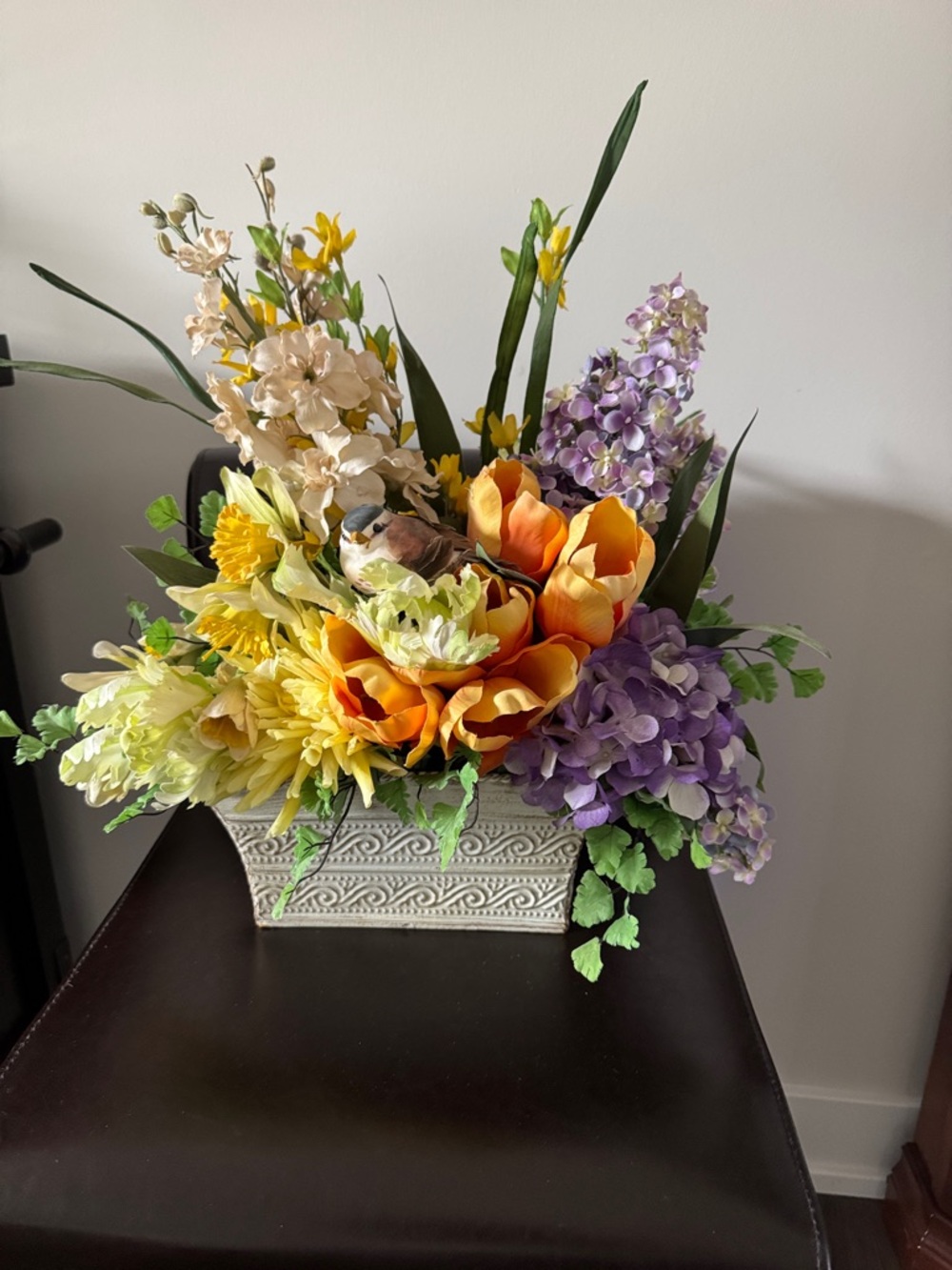 Artificial Floral Arrangement in White Planter - Yellow, Orange & Purple